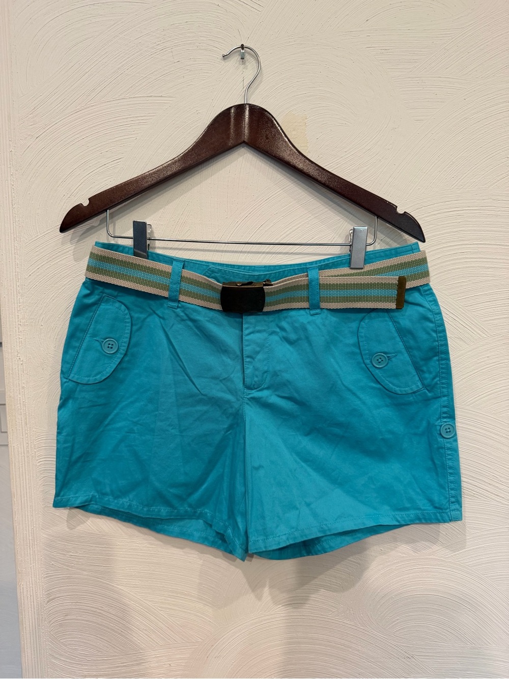 MODA Turquoise Women's Casual Cotton Shorts with Striped Belt